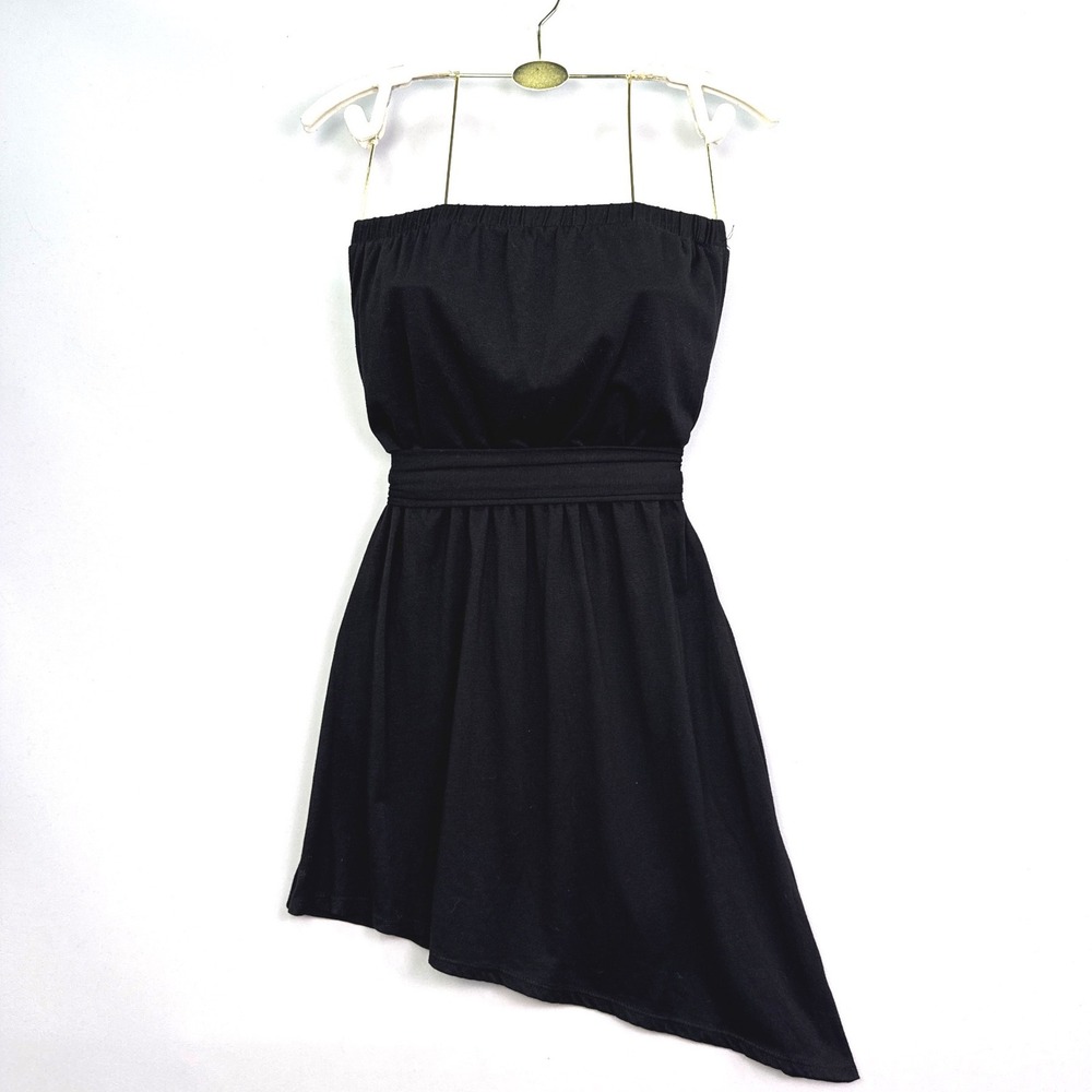 Full Tilt Black Strapless Asymmetrical Hem Mini Tube Dress Small Tie Back Jersey